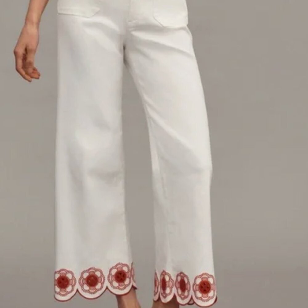 Anthropologie White Wide-Leg Pants with Red Floral Hem